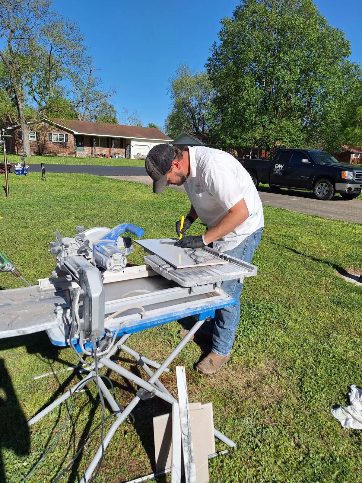 Carpentry work at an outdoor saw station
